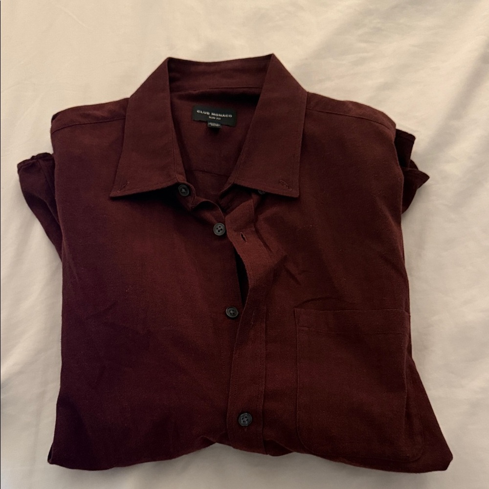 Club Monaco Deep Red Shirt - Solid Lightweight Flannel Shirt
